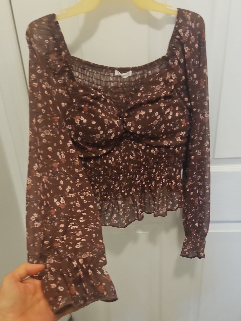 Timing Brown Floral Smocked Square-Neck Long Sleeve Top
